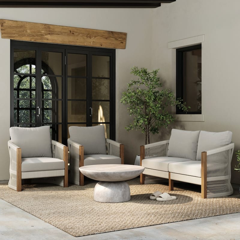 Jagger Farmhouse Patio Seating with Solid Acacia Wood Frame, Cushions, and Rope Accent - Gray/Light Brown - 1 Loveseat 2 Armchairs
