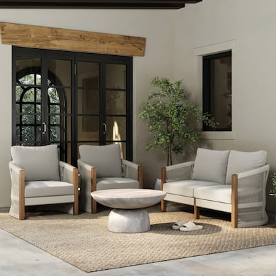 Jagger Farmhouse Patio Seating with Solid Acacia Wood Frame, Cushions, and Rope Accent
