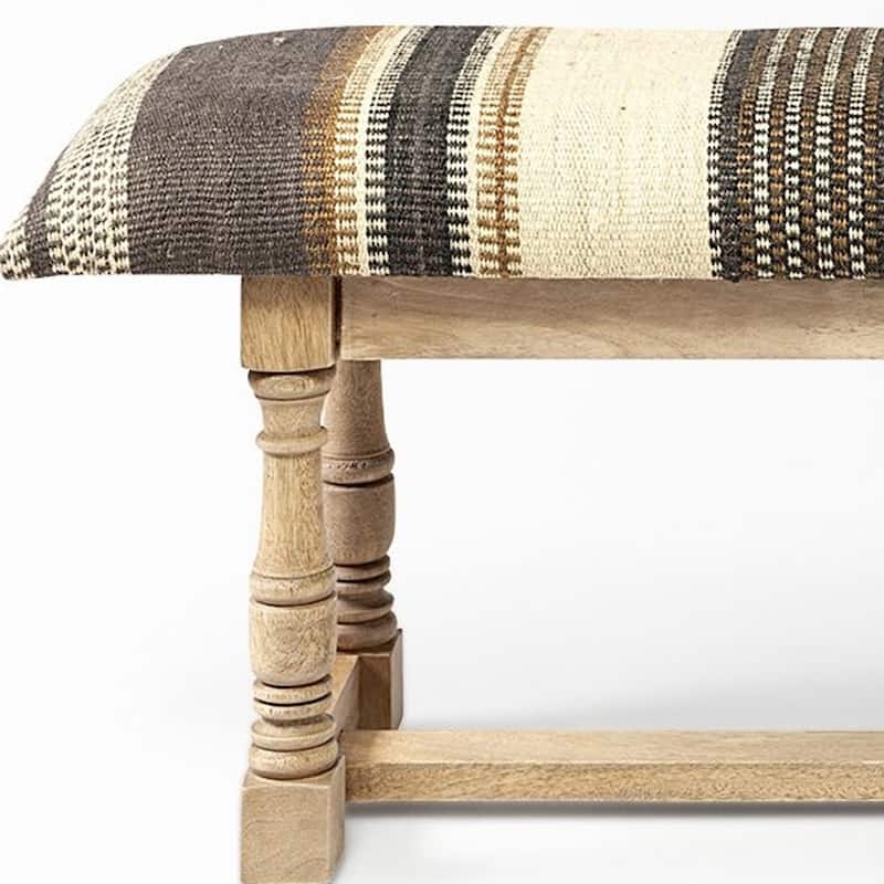 HomeRoots 59" Beige and Gray and Brown Upholstered Jute Striped Bench - 59