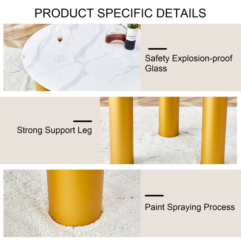 Round white dining table, artificial marble glass stickers, golden MDF legs, kitchen dining table, living room dining table