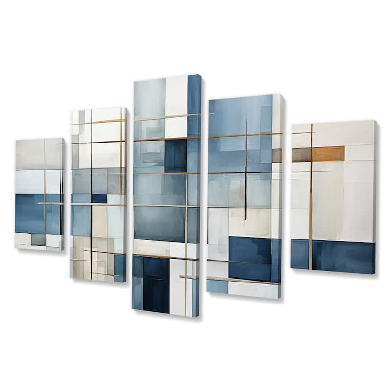 Designart "Blue Grey Line Art Abstract Geometrics I" Modern Multipanel Canvas Art Print set