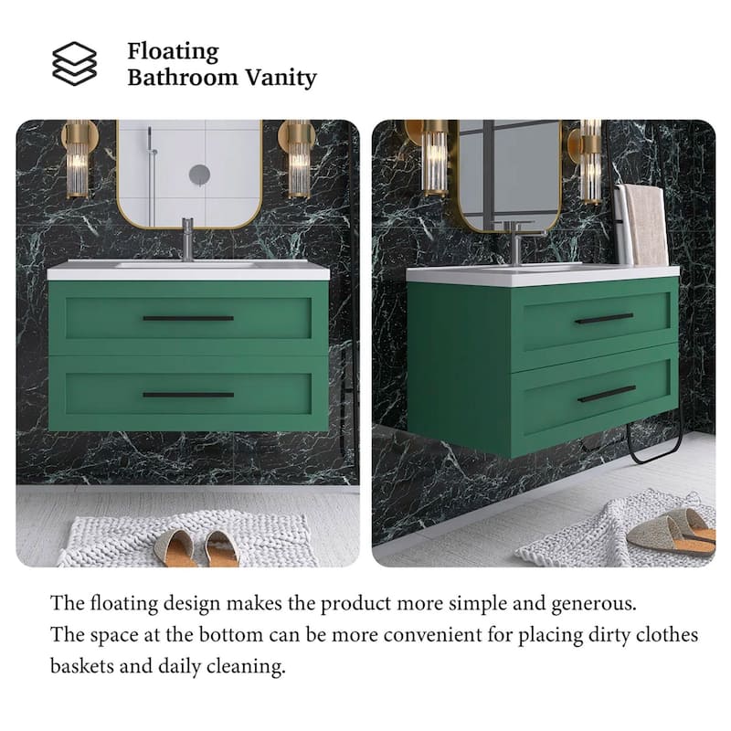 Wall-Mounted Bathroom Vanity in Green with White Ceramic Sink