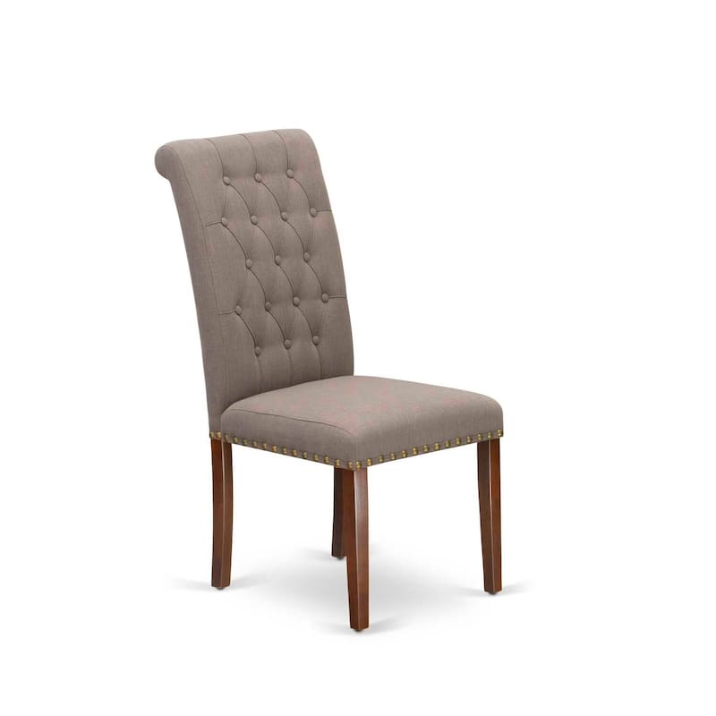 Parson Dining Chairs Set of 2 - Linen Fabric Button Tufted Padded Kitchen Chairs Mahogany Finish