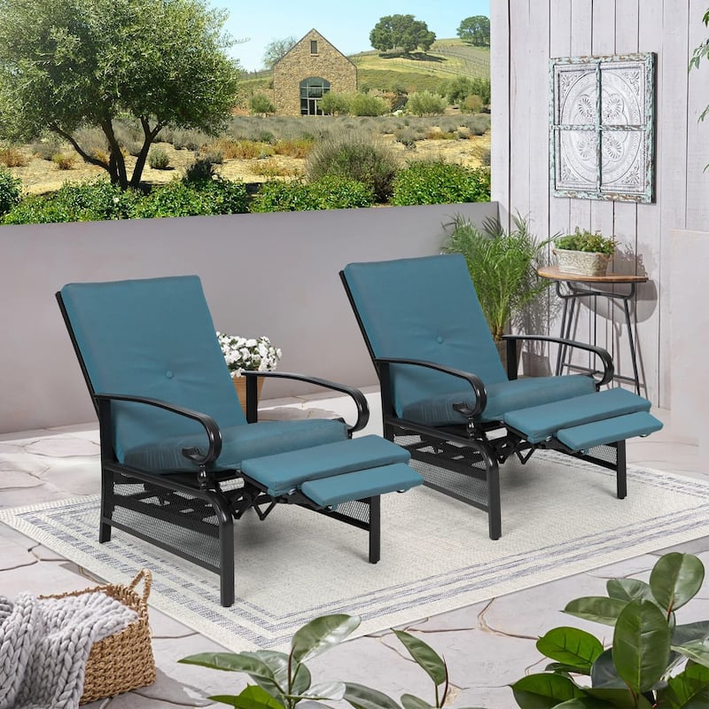 2 Piece Outdoor Metal Patio Adjustable Recliner Lounge Chairs with Retractable Steel Frame and Removable Thick Cushion