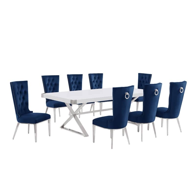 Best Quality Furniture D442/3-SC330-7 Dining Set with 94" White Lacquer Wood Top