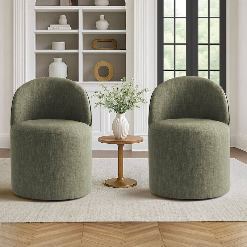 Upholstered Linen Barrel Accent Chair with with Castors(Set of 2) - Green