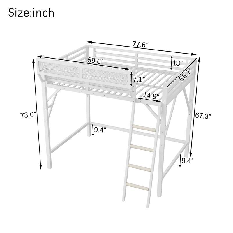 Full Size Metal Loft Bed with Ladder and Storage Shelves, High Loft Bed for Kids and Teens, White