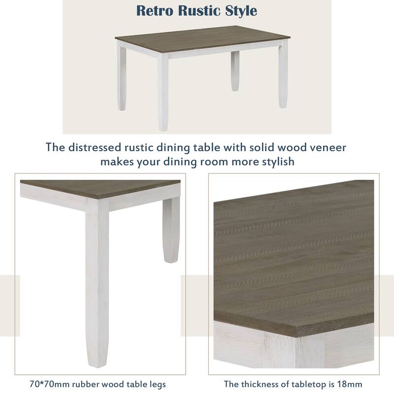 Brown+Whitewash Rustic 6-Piece Wooden Dining Table Set with Rectangular Table & 4 Chairs