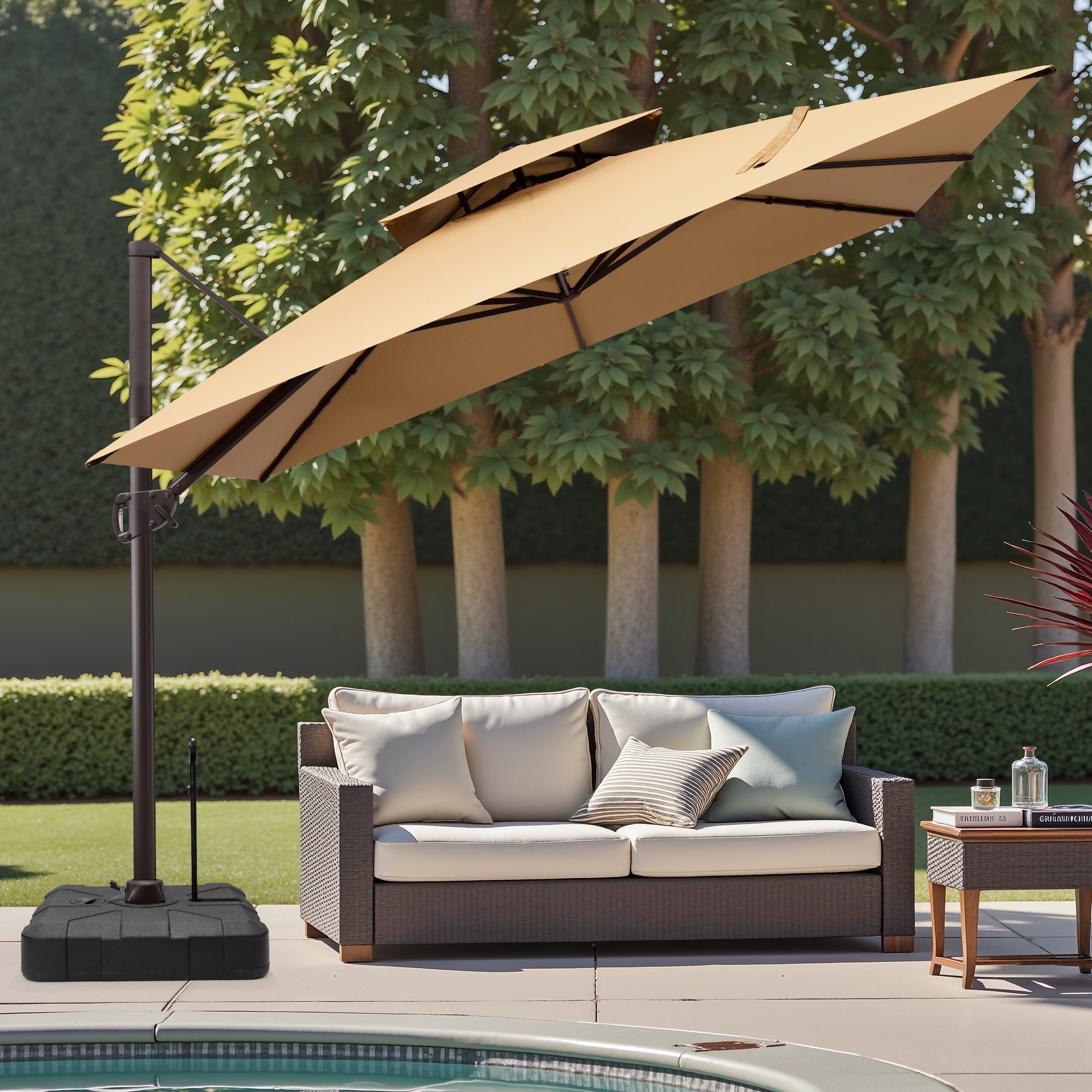 11 FT Square Outdoor Patio Aluminum Double Top Cantilever Umbrella with Rod Base