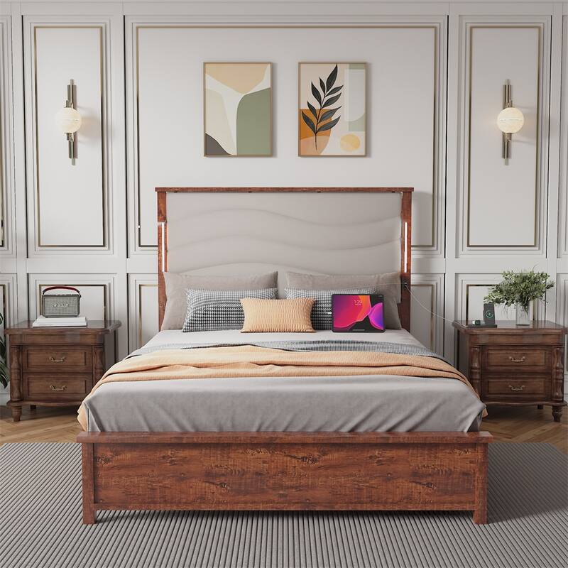 King Size LED Platform Bed w/ Upholstered Headboard, Charging Station