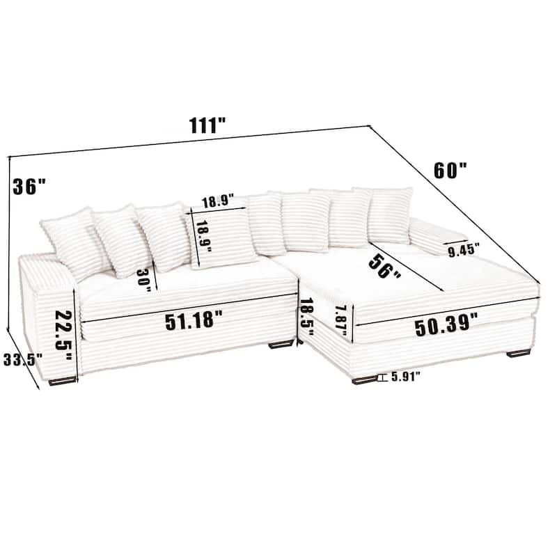 Green 111" Corduroy L-Shaped Sectional Sofa with Oversized Right Chaise