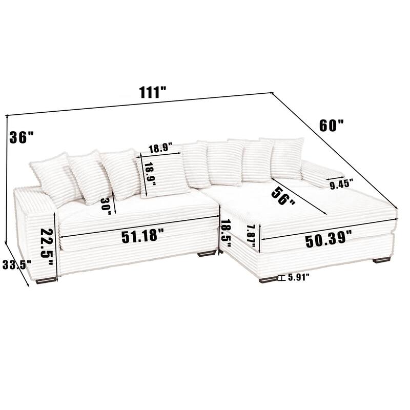 Green 111" Corduroy Upholstered L-Shaped Sectional Sofa with Oversized Right Chaise Longue and 8 Throw Pillows