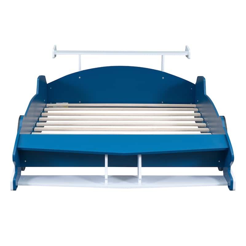 Full Size Race Car-Shaped Platform Bed with Wheels, Blue