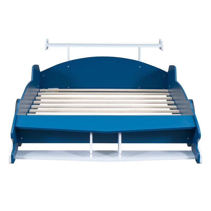 Full Size Race Car-Shaped Platform Bed with Wheels in Blue