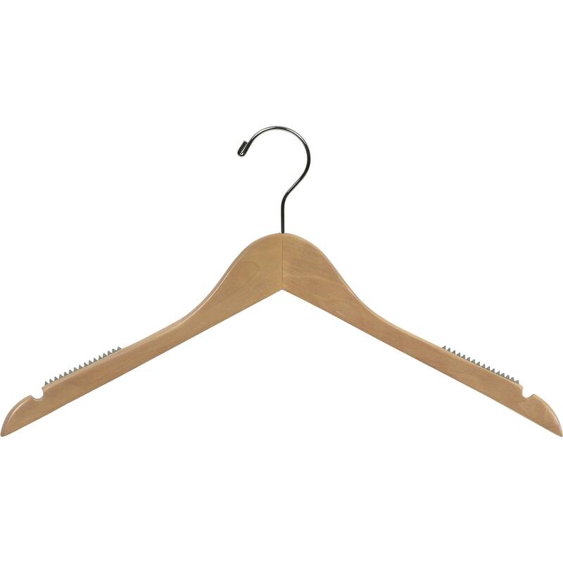Natural Finish Petite Top Hanger with Notches and Inset Rubber Strips (Case of 25)