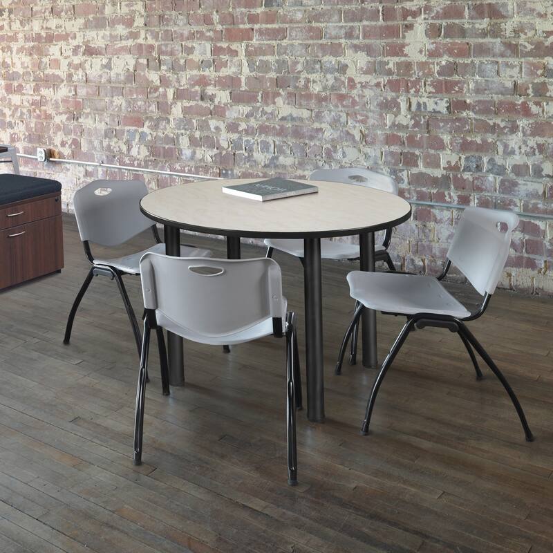 48" Round Breakroom Table- Maple/ Black & 4 'M' Stack Chairs- Grey