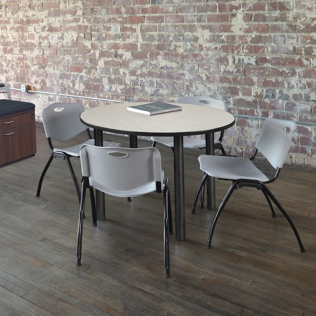 48" Round Breakroom Table- Maple/ Black & 4 'M' Stack Chairs- Grey