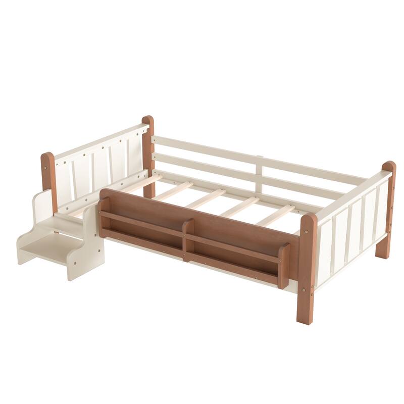 Full/Twin Floor Bed with Storage Bookcases & Cute Stairs - Solid Wood Kids Bed, No Box Spring