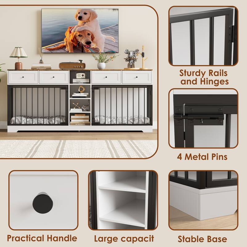 Double Dog Crate Furniture, Large Wooden Dog House with 4 Drawers