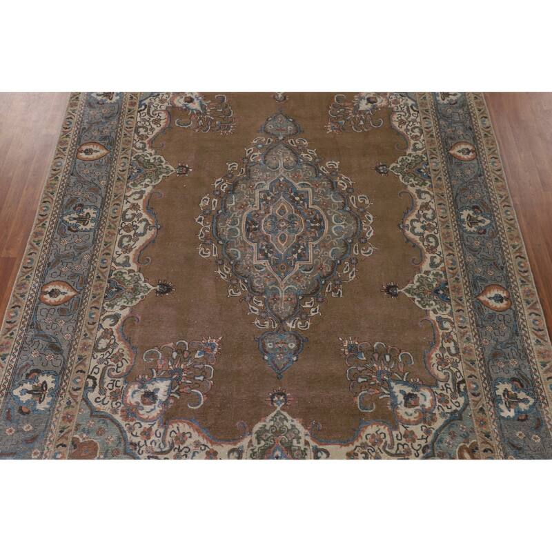 Brown Over Dyed Tabriz Persian Vintage Rug Handmade Wool Carpet - 9'3"x 12'7"