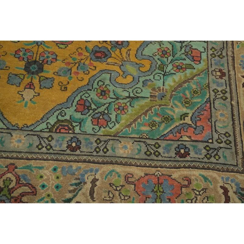 Hand Knotted Oriental 100% Wool Carpet Traditional Floral Yellow & Gold Tabriz Area Rug - 9' 10'' X 6' 7''