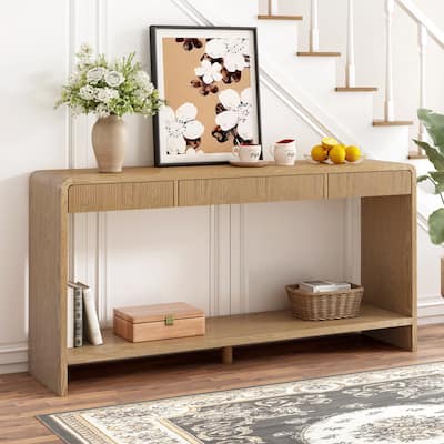 Modern 3-Drawer Console Table with Vertical Slats, Round Edge Design, Perfect for Entryway