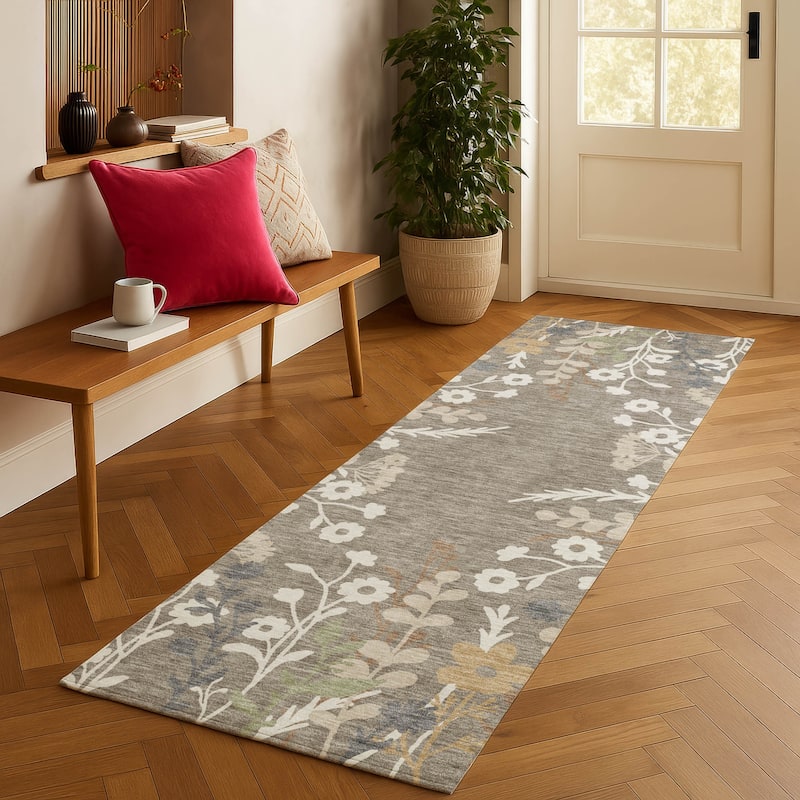 Machine Washable Indoor/ Outdoor Floral Border Chantille Rug