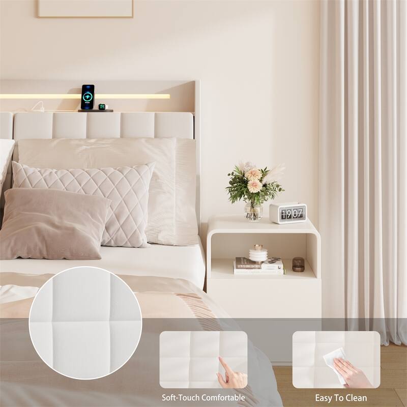 Queen Size LED Upholstered Platform Bed w/ Headboard& Charging Station