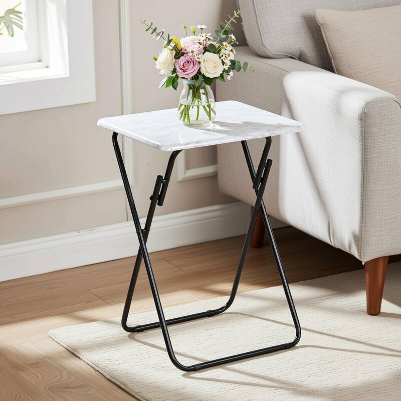 HomyLin Wood/Marble Folding TV Trays with Metal Frame, 2PC, Rustic Brown / White