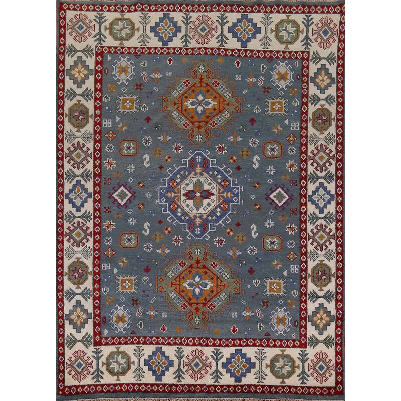 Geometric Blue Kazak Oriental Area Rug Hand-Knotted Wool Carpet - 7'11" x 9'9"