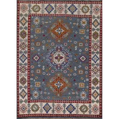 Geometric Blue Kazak Oriental Area Rug Hand-Knotted Wool Carpet - 7'11" x 9'9"