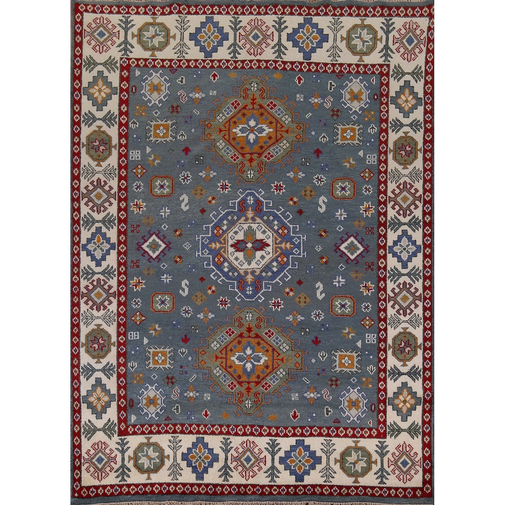 Geometric Blue Kazak Oriental Area Rug Hand-Knotted Wool Carpet - 7'11" x 9'9"