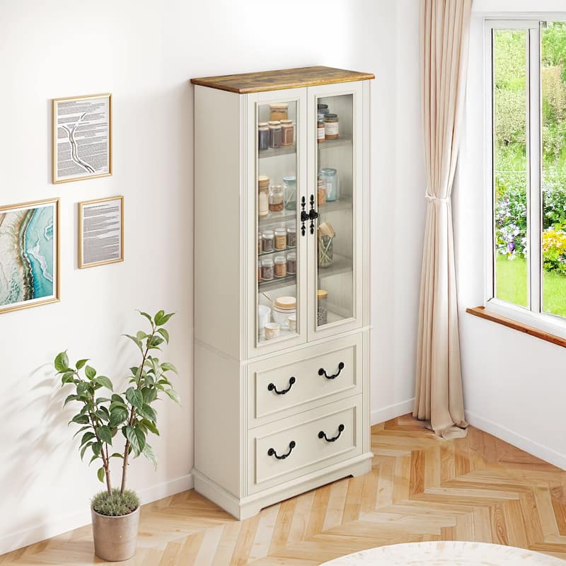 76" Tall Display Cabinet with Glass Doors Bookcase Accent Living Room Hallway