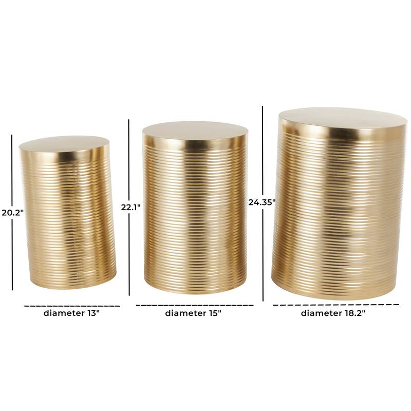 Gold or Silver Metal Metallic Ribbed Drum Accent Table (Set of 3)
