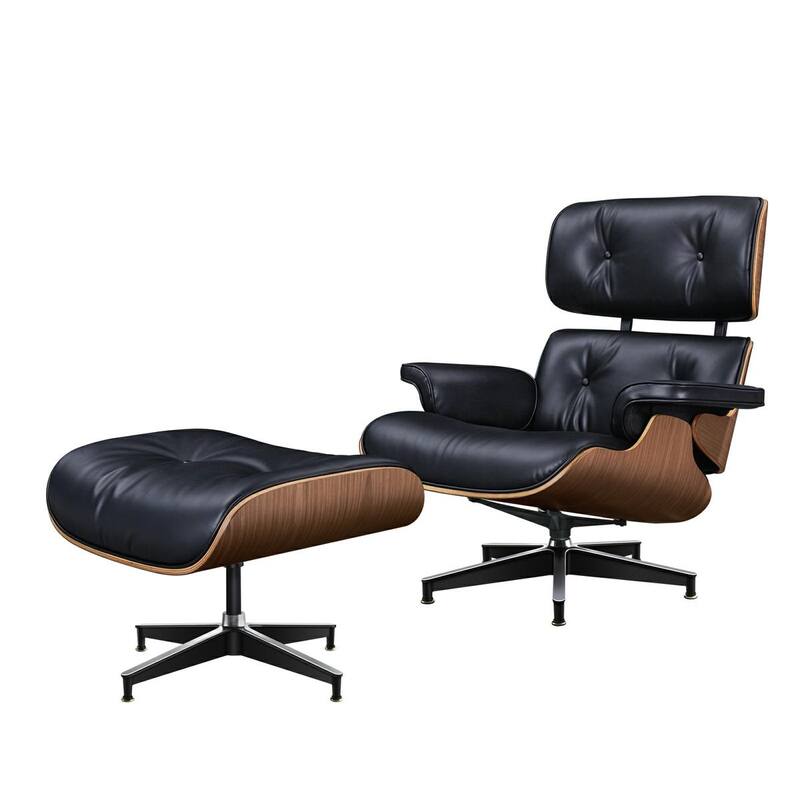 HomeRoots 28" Black and Light Brown Tufted Genuine Leather Lounge Chair With Ottoman - 28.30 in. x 29.00 in. x 20.50 in.