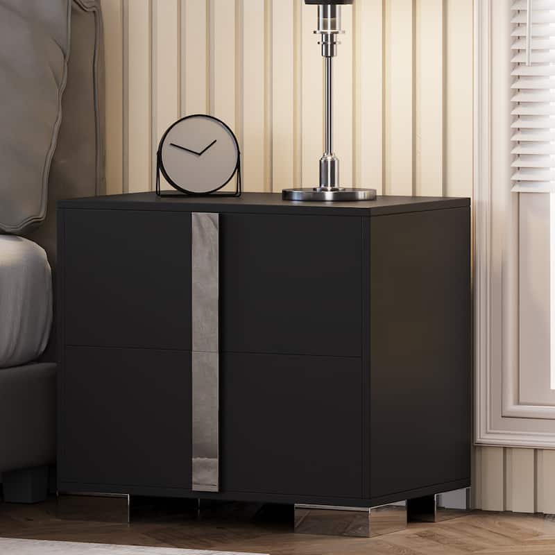 Modern End Table with Drawers, Elegant Nightstand with Metal Foot,Wood Bedside Table with Mirrored Metal Handles - Black