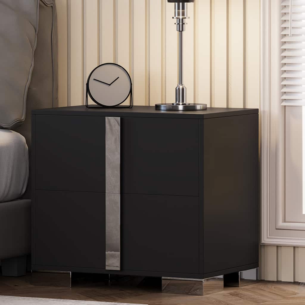 Modern End Table with Drawers, Elegant Nightstand with Metal Foot,Wood Bedside Table with Mirrored Metal Handles