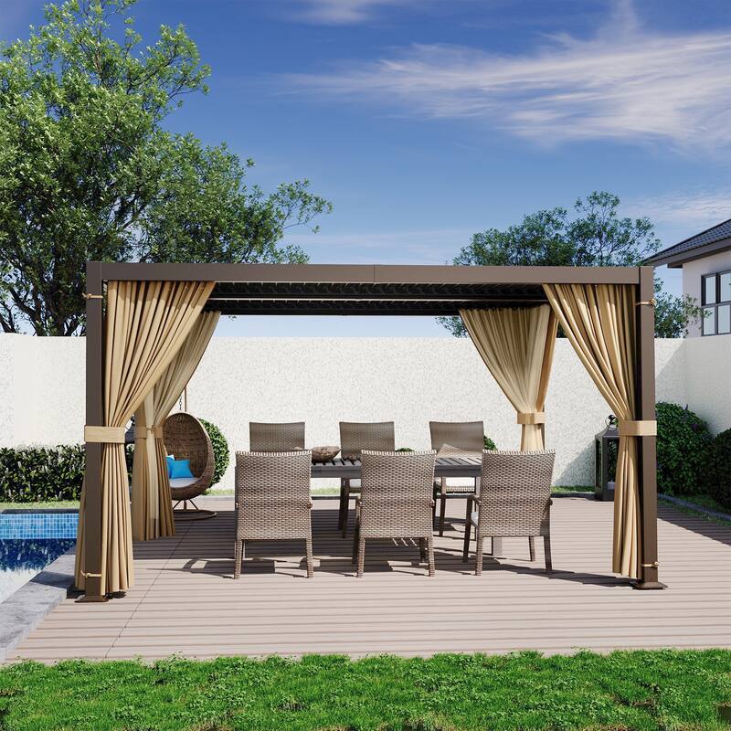 10 ft. x 13 ft. Aluminum Louvered Pergola with Adjustable Roof and Curtains - Brown