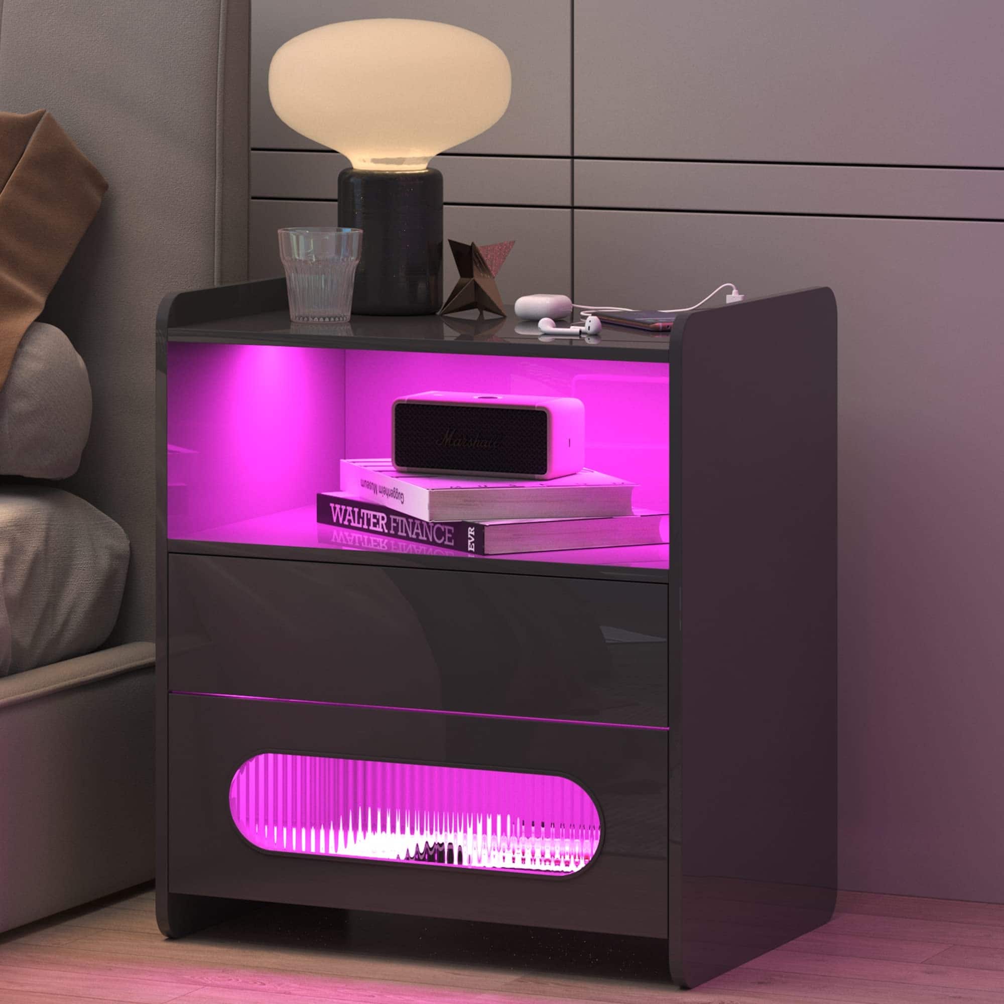 RGB LED Nightstand with Wireless Charging Station, Modern Bedside Table