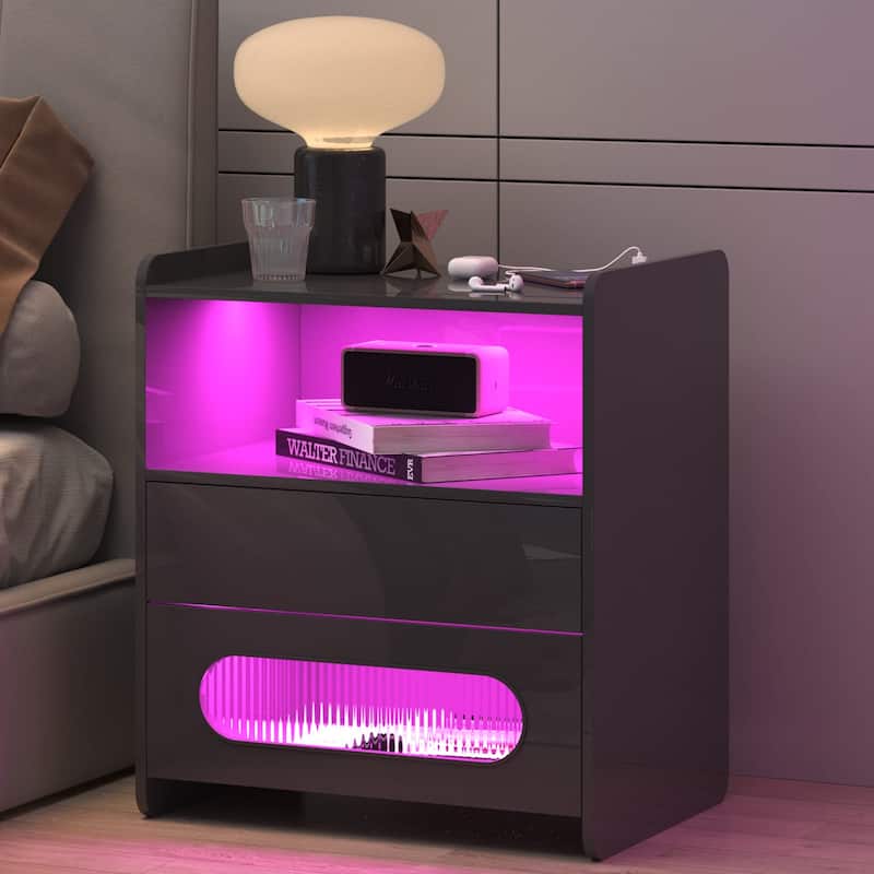 RGB LED Nightstand with Wireless Charging Station, Modern Bedside Table with Jewelry Storage