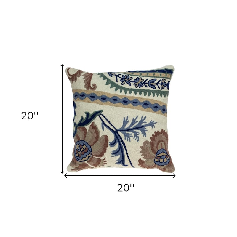 20" Blue and Beige Floral Wool Throw Pillow With Embroidery