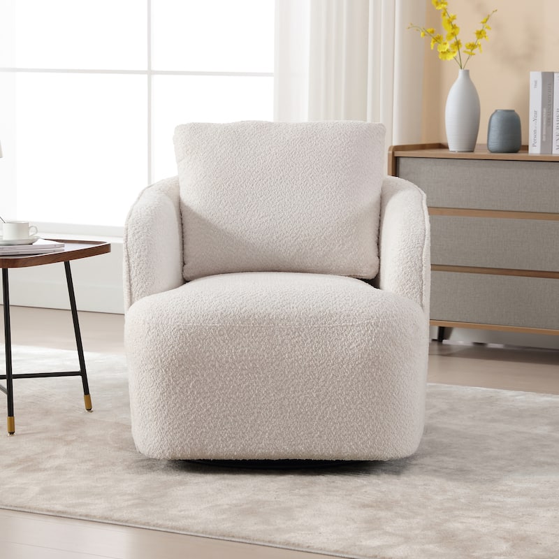 Boucle Fabric Upholstered Swivel Barrel Armchair With Pillow
