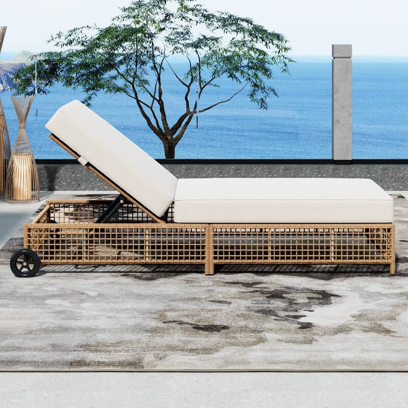 2 Pieces Outdoor Chaise Lounges Set for Poolside Garden, Adjustable Reclining Sun Lounger with Cushion & Wheels for 2 People