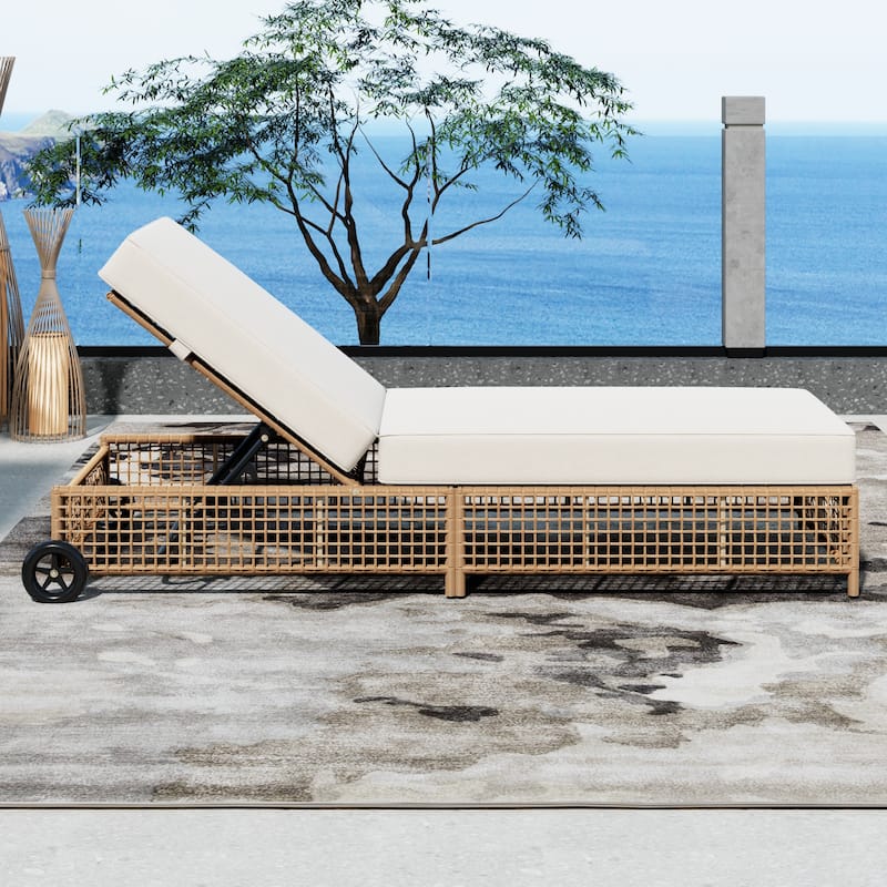 Patio Chaise Lounge with 5-Position Backrest, Cushion & Wheels