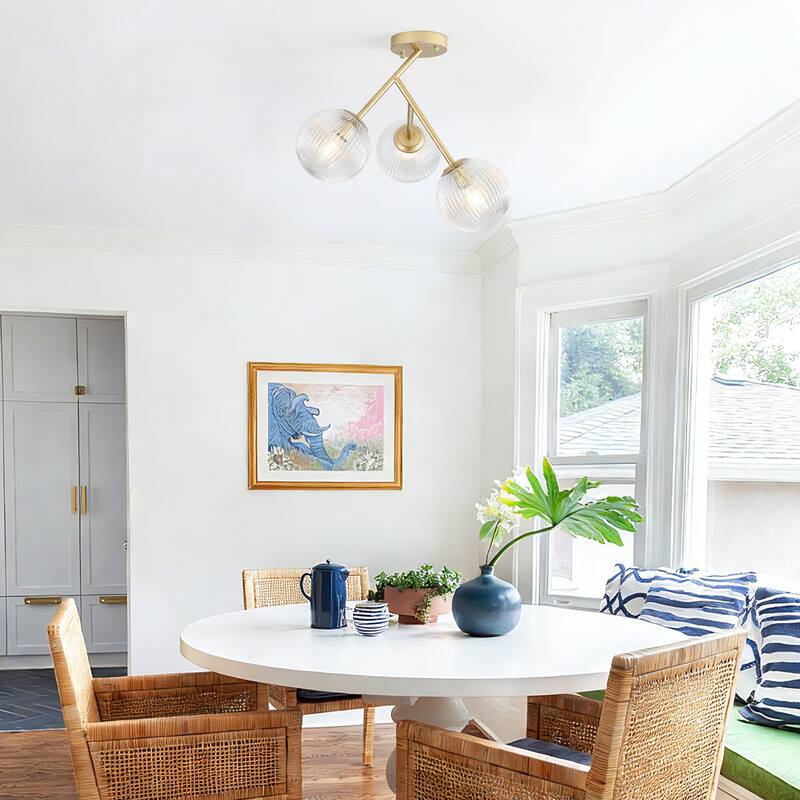 Modern 3-Light Semi-Flush Mount Light with Ribbed Glass Shades