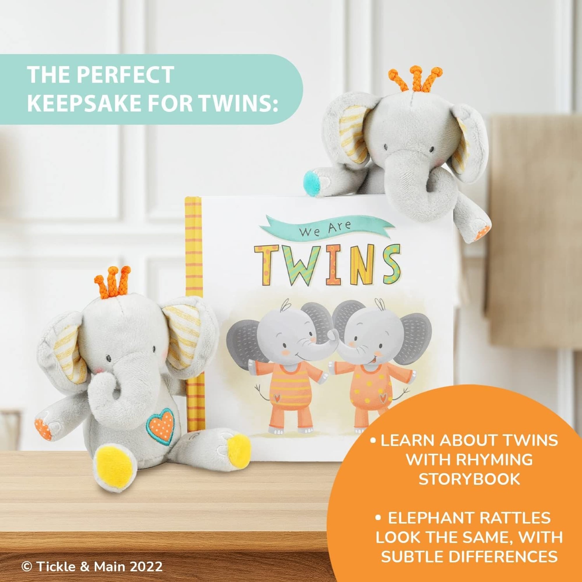 Tickle & Main, We are Twins - Baby and Toddler Twin Gift Set- Includes Keepsake Book and Set of 2 Plush Elephant Rattles for Boys and Girls. Perfect for Newborn Infant