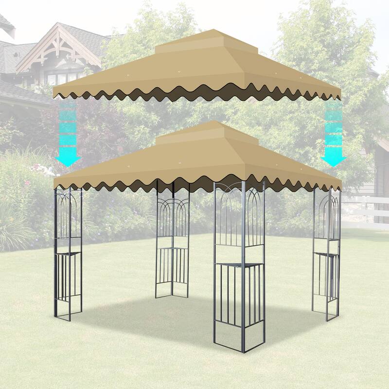 10x10 Ft Double Tiered Gazebo Replacement Canopy with Wavy Border, UV Protection & Mosquito Net - Tan
