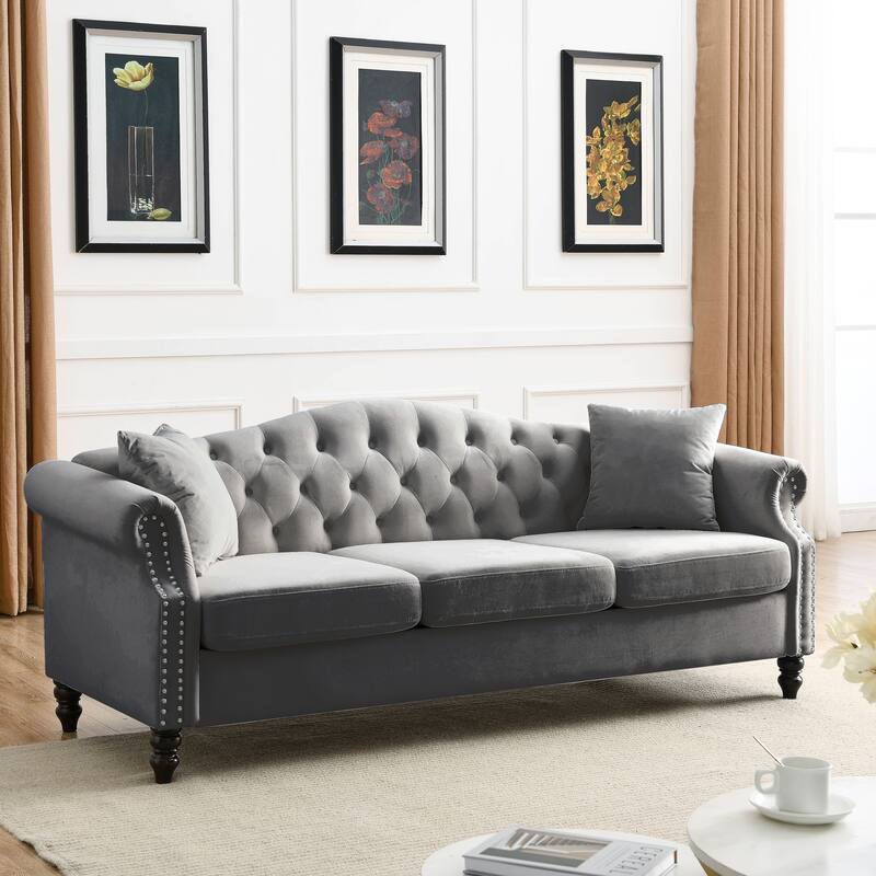 3+3 Combination Velvet Sofa Set, Two 3-Seater Chesterfield Couches with Rolled Arms and Nailhead Detail