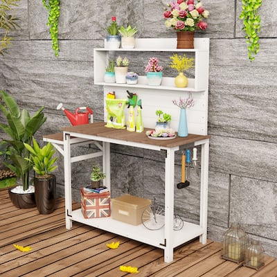 Garden Wood Workstation Backyard Potting Bench Table with Side Hook and Foldable Side Table