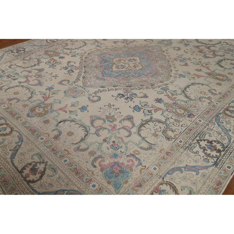 Floral Tabriz Persian Area Rug Oriental Hand-Knotted Beige Wool Carpet - 9'11"x 11'9"